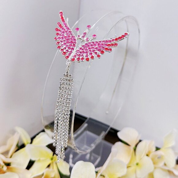 Princess Headband, Crown Wing Headpiece, Pink Crystal Headband, Silver Headband - Picture 6 of 8